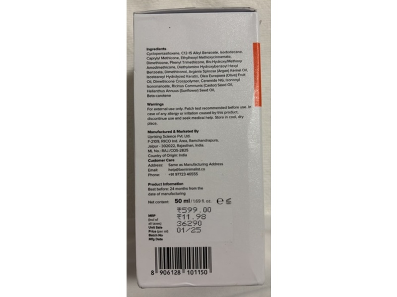 Minimalist Frizz Control Complex Hair Serum, SPF 30, Ceramide + Keratin & Argan Oil, 1.69 fl oz/50 mL