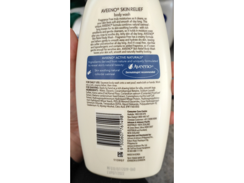 Aveeno Skin Relief Body Wash, Fragrance Free, 18 fl oz/532 mL