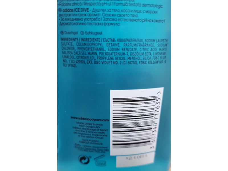 Adidas Shower Gel, Ice Dive,13.3 fl oz/400 mL