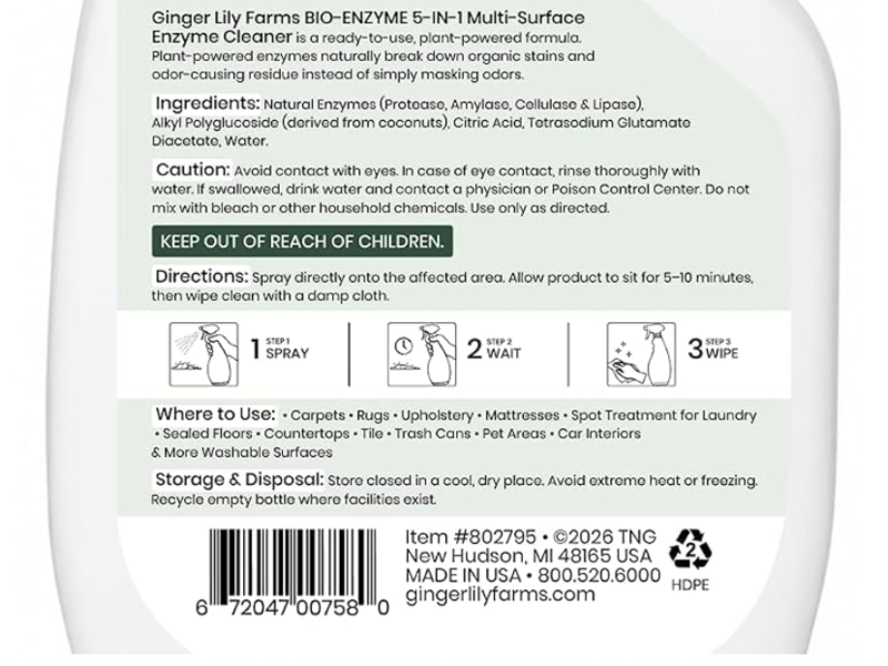 Ginger Lily Farms Bio Enzyme 5-In-1 Multi-Surface Cleaner, 32 oz/945 mL