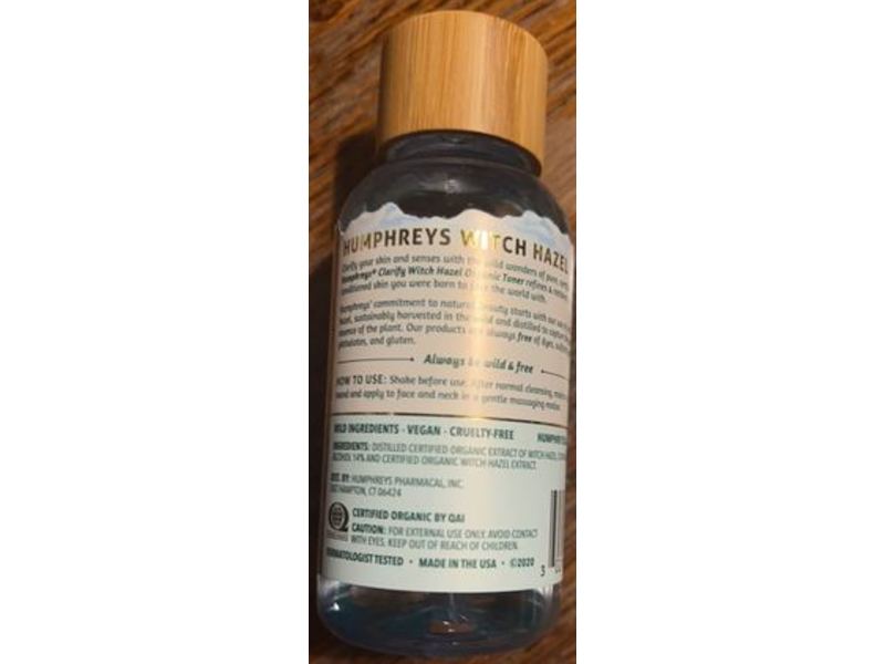 Humphreys Organic Toner, Wild Crop Certified Witch Hazel, 3.3 fl oz/97 mL