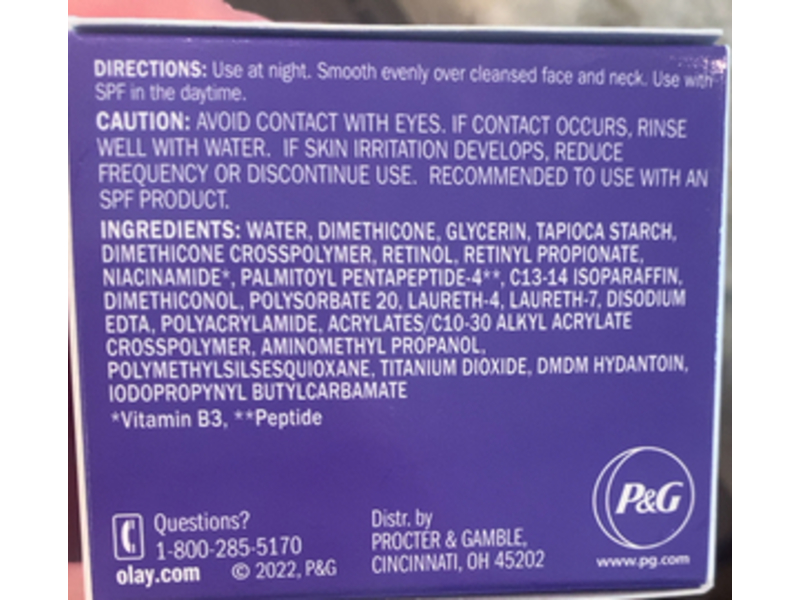 Olay Night Hydrating Moisturizer, Retinol 24 +Peptide, 1.7 oz/48 g