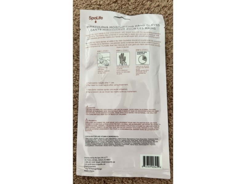 Spa Life Miraculous Moisturizing Hand Gloves, Cocoa Butter & Vitamin E, 0.89 oz/25 g