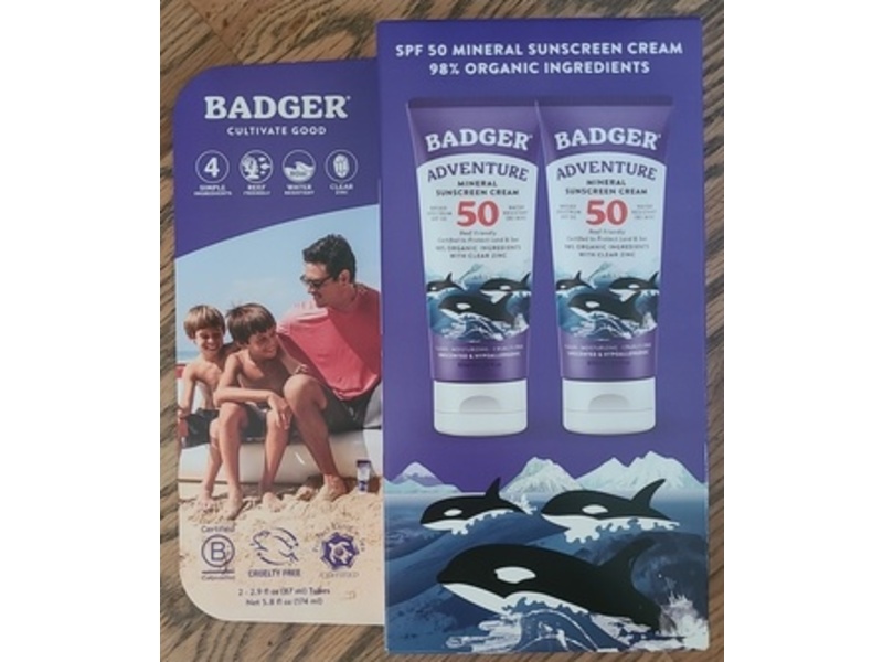 Badger Adventure Mineral Sunscreen, SPF 50, Clear ZInc, 2.9 fl oz/87 mL, Pack Of 2