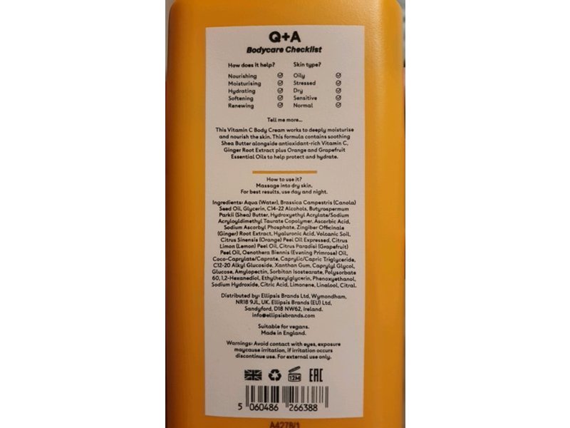 Q+A Vitamin C Body Cream, Orange Zest + Grapefruit, 8.45 fl oz/250 mL