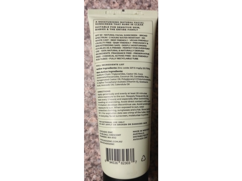 Avocado Zinc Natural Physical Sunscreen, SPF 50, 3.38 fl oz/100 mL