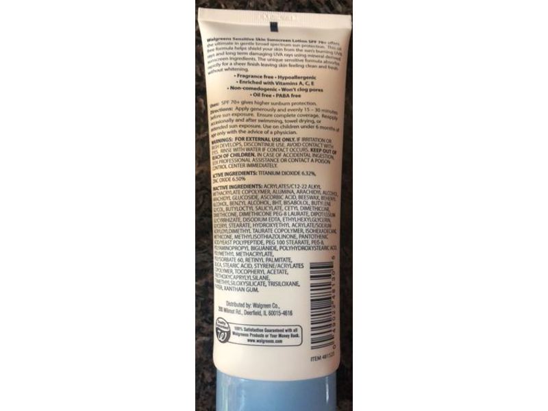 Walgreens Sensitive Skin Sunscreen Lotion, SPF 70+, Fragrance Free, 4 fl oz/118 mL