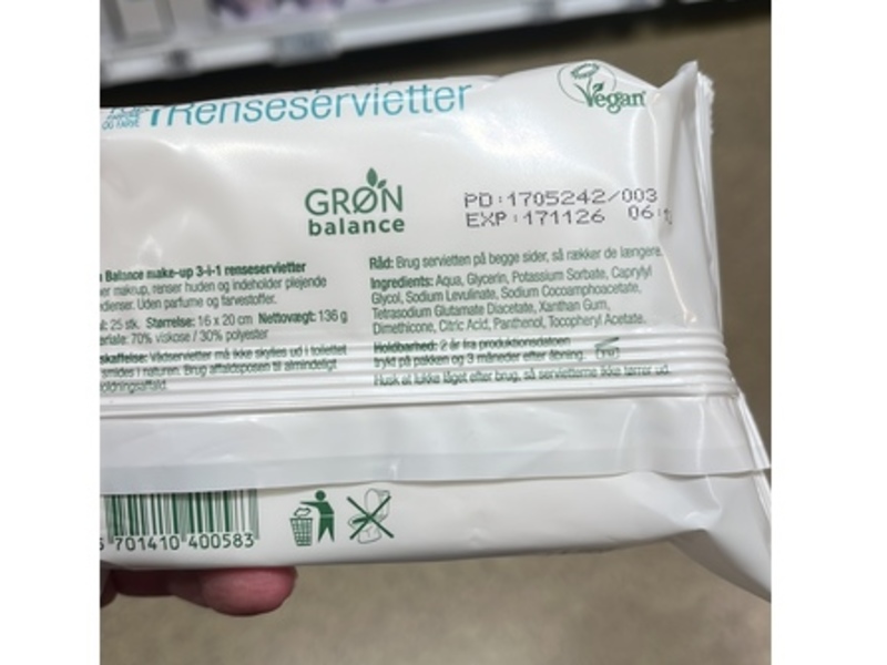 Gron Balance Make-up 3:1 Cleansing Wipes, 25 Count