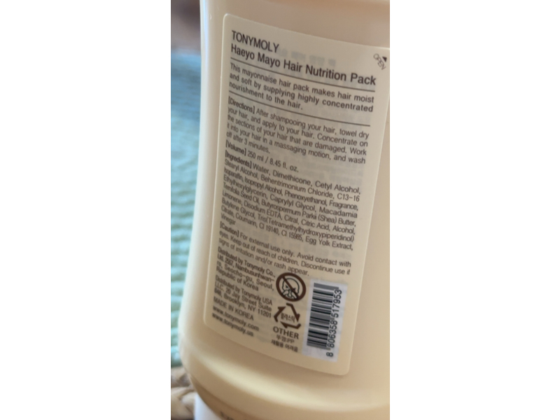 TonyMoly Haeyo Mayo Hair Conditioner Mask, Egg Yolk & Shea Butter, 8.45 fl oz/250 mL