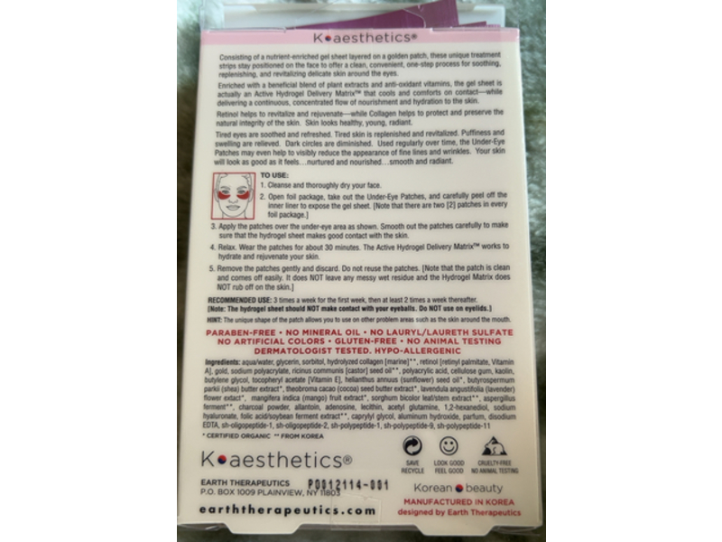 Earth Therapeutics Recovery Gold Hydrogel Under-Eye Patch, 10 Count