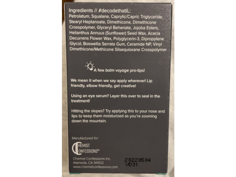 Chemist Confession Balm Voyage Moisture Basics Soothing Occlusives, 0.85 fl oz/25 mL