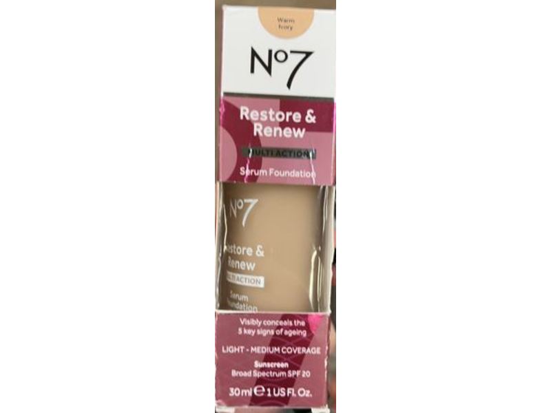 No7 Restorte & Renew Serum Foundation, Light- Medium Coverage, Warm Ivory, SPF 20, 1 fl oz/30 mL