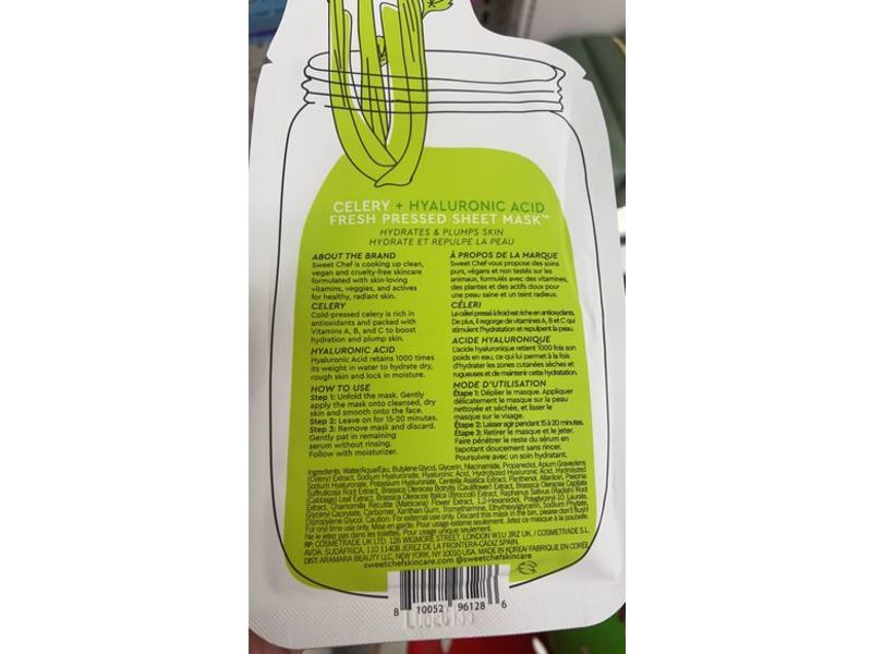 Sweet Chef Fresh Pressed Sheet Mask, Celery + Hyaluronic Acid, 0.71 fl oz/21 mL, 1 Count