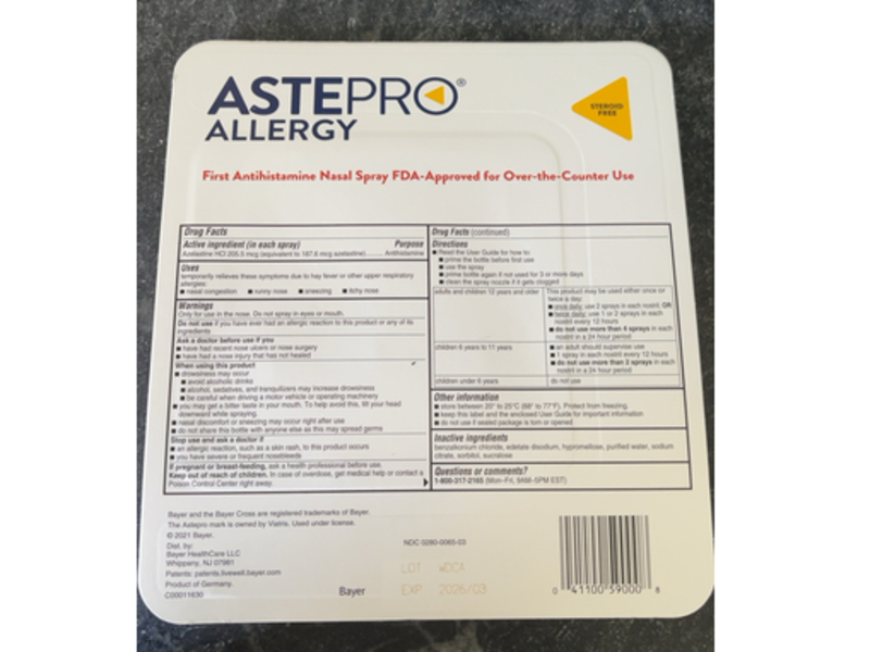 Astepro Antihistamine Nasal Spray, 2.34 fl oz/69 mL, Pack Of 3