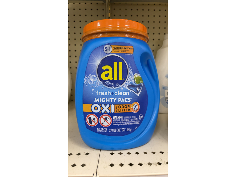 All With Stainlifters 4 In 1 Mightypacs Laundry Detergent with Oxi, 42.3 oz/1.20 kg, 60 Count