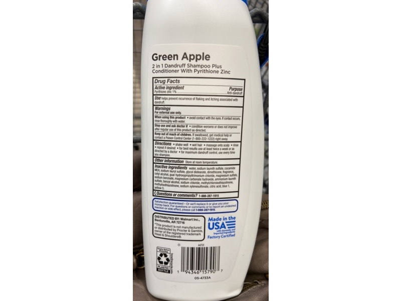 Equate 2 In 1 Dandruff Shampoo & Conditioner, Green Apple, 20.7 fl oz/612 mL