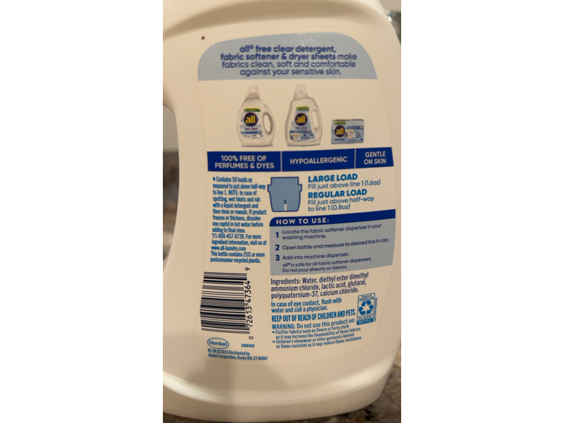 All Fabric Softener, Free & Clear, 50 Loads, 40 fl oz/1.18 L