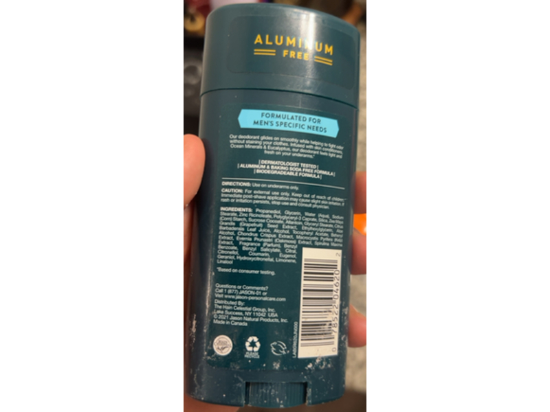 Jason Men's Deodorant, Ocean Minerals + Eucalyptus, 2.5 oz/71 g