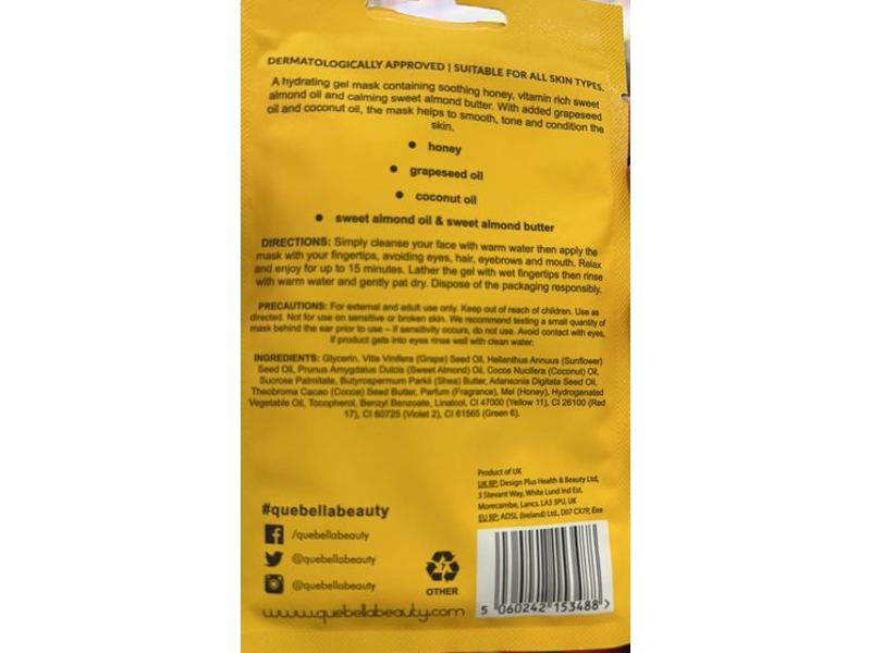 Que Bella Soothing Hydrating Gel Mask, Honey & Almond, 0.5 oz/15 g