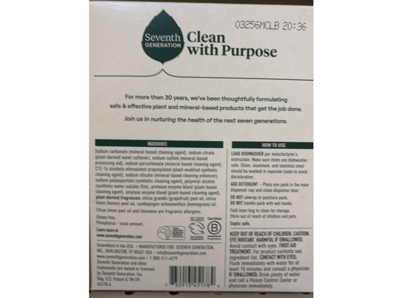 Seventh Generation Dishwasher Detergent Packs, Lemon Scent, 10.5 oz/300 g, 20 Packs