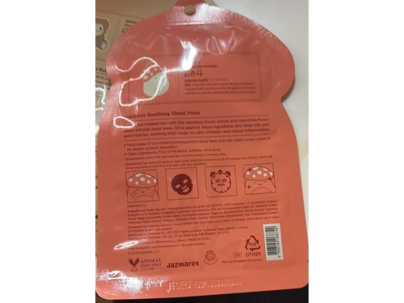 Squishmallows x Tonymoly Malcolm Soothing Sheet Mask, Calendula + Chamomile, 0.74 oz/21 g