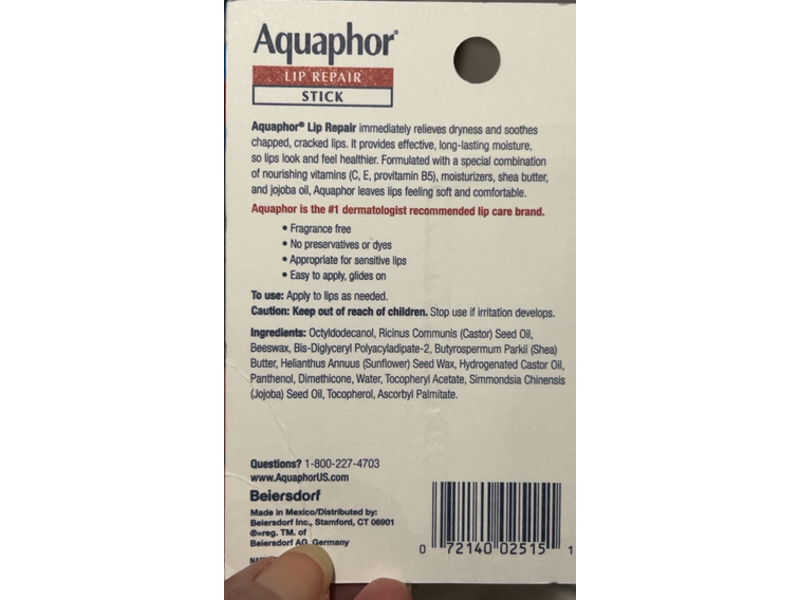 Aquaphor Lip Repair Stick, Vitamins & Shea Butter, 0.17 oz/4.8 g, Pack Of 4