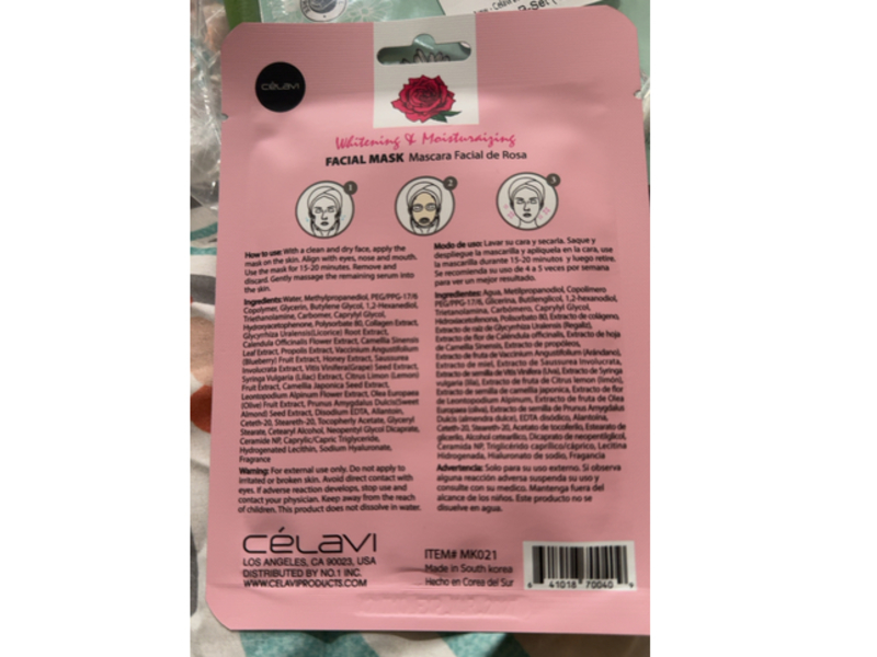 Celavi Whitening & Moisturizing Facial Mask, Rose Water, 0.74 oz/20 g, 1 Sheet, Pack of 24