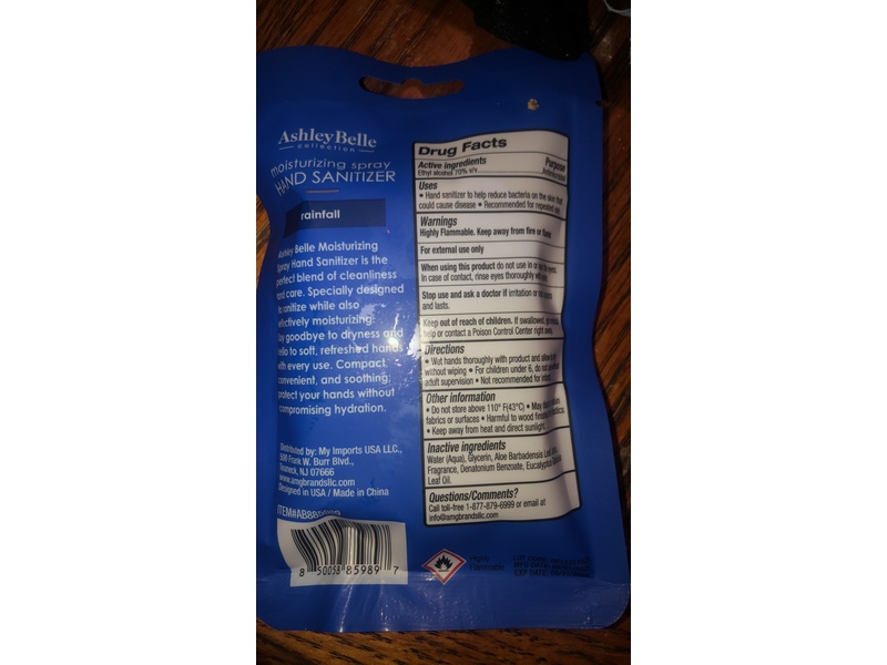 Ashley Belle Collection Moisturizing Spray Hand Sanitizer, Rainfall, 1 fl oz/29.5 mL