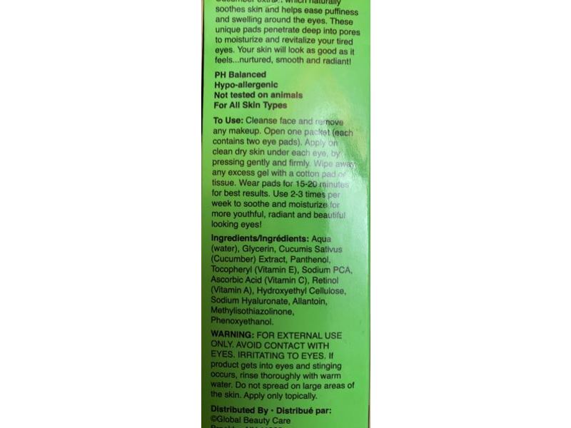 Global Beauty Care Under Eye Pads, Cucumber, 5 Counts