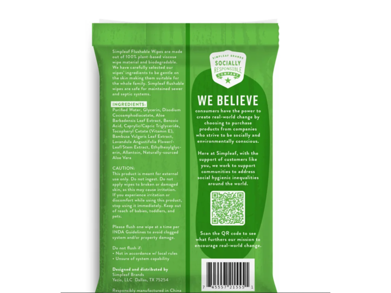 Simpleaf Flushable Wet Wipes, Fresh Cucumber + Vitamin E, 300 Count