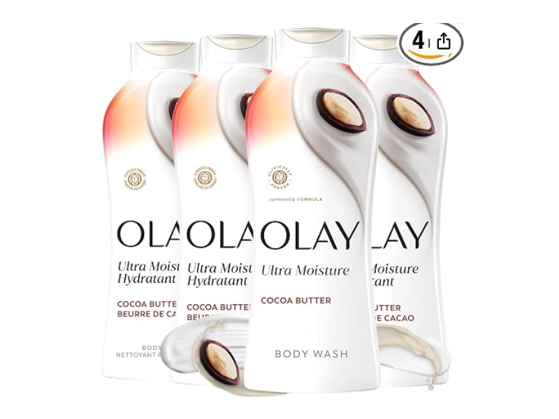 Olay Ultra Moisture Body Wash, Cocoa Butter, 22 fl oz/650 mL, Pack Of 4
