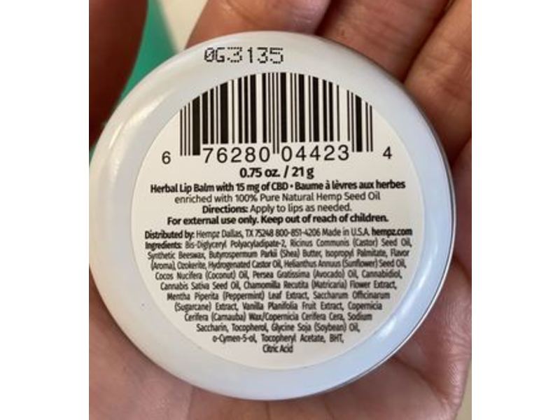 Hempz Baked With Cbd Herbal Lip Balm, Minty & Mellow Prp-O-Mint 15 Mg, 0.75 oz/21 g