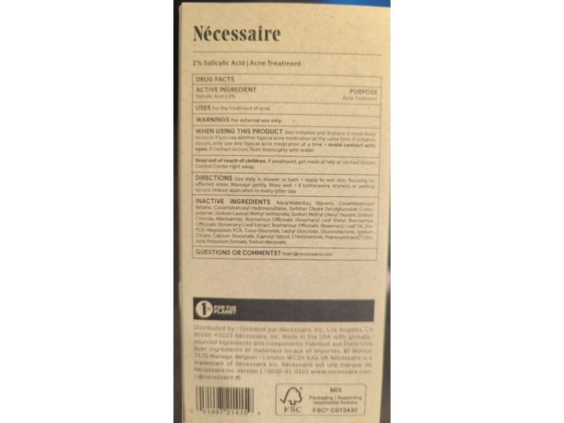 Necessaire The Body Acne Wash, Salicylic Acid 2%, 8.4 oz/250 mL