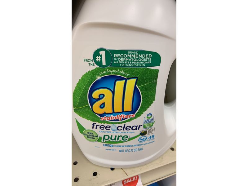 All With Stainlifters Pure Liquid Laundry Detergent, Free & Clear, 49 Loads, 88 fl oz/2.60 L