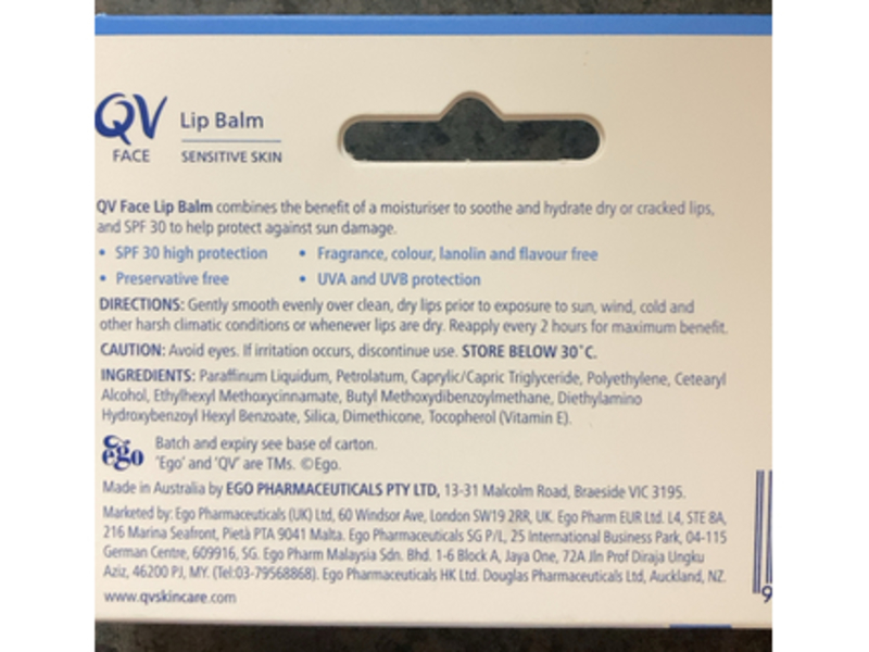 Ego Qv Face Lip Balm, SPF30+, 15 g