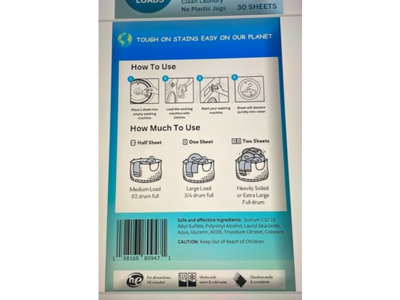 Earth Greenz Eco Sheets Laundry Detergent, Fragrance Free, 60 Loads, 30 Sheets