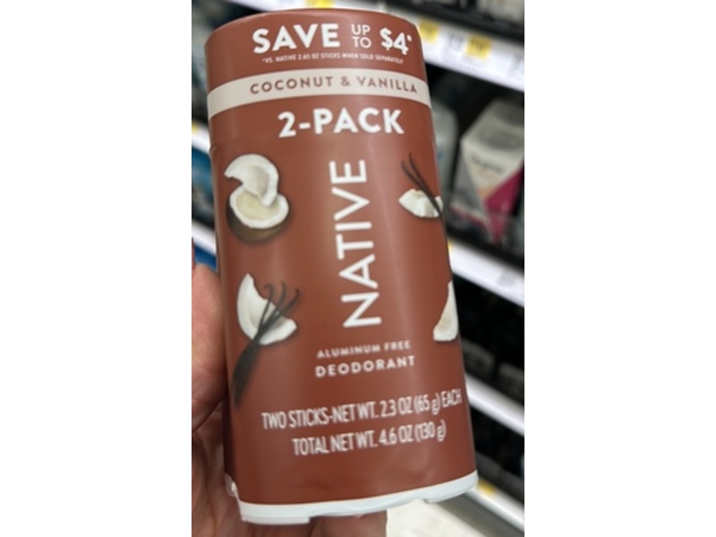 Native Aluminum Free Deodorant, Coconut & Vanilla, 4.6 oz/130 g, Pack Of 2