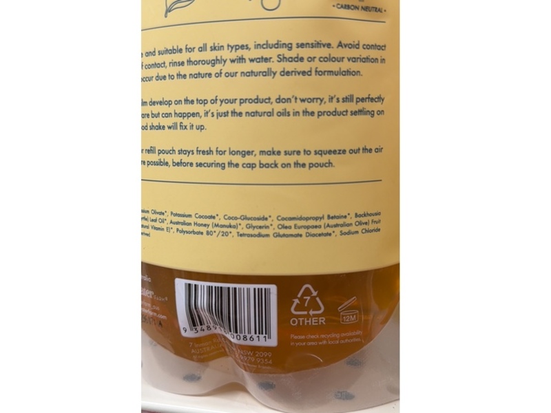 Freshwater Farm Australia Hand Wash Refill, Lemon Myrtle Oil+Manuka Honey, 34 fl oz/1 L