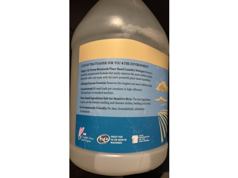 Ginger Lily Farms Botanicals Plant-Based Laundry Detergent, Free & Clear, 85 Loads, 128 fl oz/3.78 L