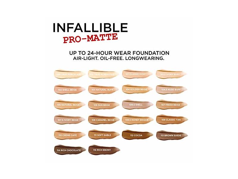 L'Oreal Paris Infallible Pro-Matte Liquid Foundation, Ivory Beige 107.5, 1 fl oz/ 30 mL