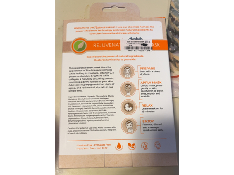 Natural Chemist Vitamin C Rejuvenating Sheet Masks, Collagen, 3.7 oz/105 g, 5 Count, Pack Of 4