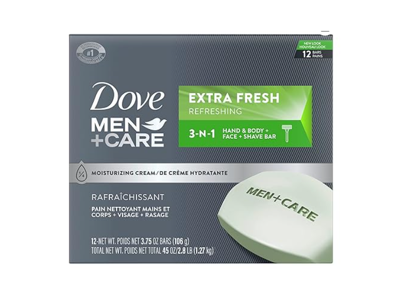 Dove Men+Care 3 In One Hand & Body + Face & Shave Bar Soap, 3.75 oz/106 g, 12 Count