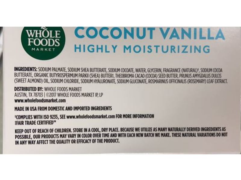 Whole Foods Market Coconut Vanilla Highly Moisturizing Triple Milled Bar Soap, 5 oz/ 142 g