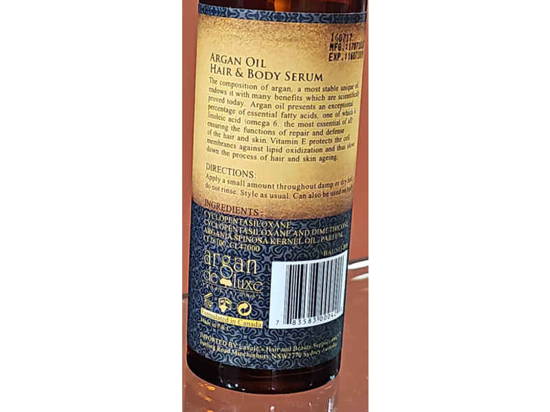 Argan De Luxe Hair & Body Serum, Argan Oil, 3.38 fl oz/100 mL