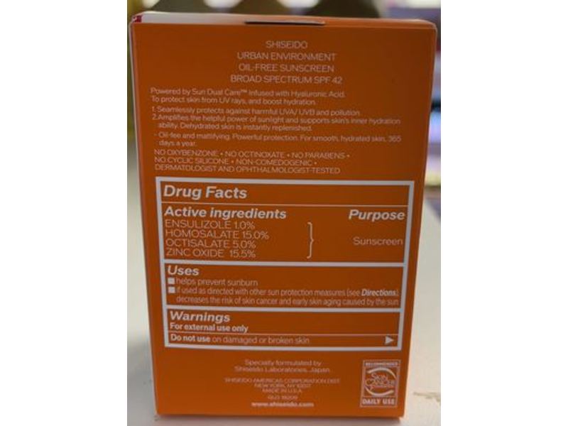 Shiseido Urban Environment Sun Dual Care, SPF 42, Hyaluronic Acid, 1 fl oz/30 mL
