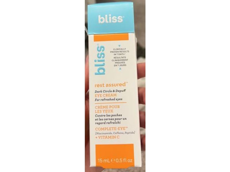 Bliss Rest Assured Dark Circle Depuffing Eye Cream, Vitamin C, 0.5 fl oz/15 mL