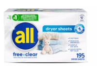 All Dryer Sheets, Free & Clear, 195 Count - thumbnail 1