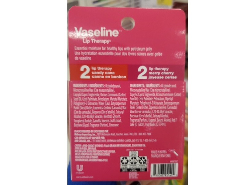 Vaseline Lip Therapy Moisturizing Lip Balm, Candy Cane & Merry Cherry, 0.16 oz/4.8 g, 2 Count
