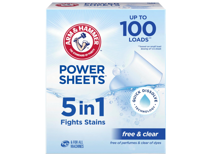 Arm & Hammer Laundry Detergent Power Sheets, Fragrance Free, 100 Loads, 50 Count