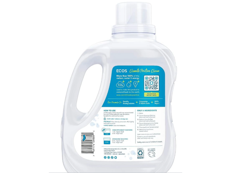 Ecos Plant Powered Liquid Laundry Detergent, Free & Clear, 100 Loads, 100 fl oz/2.96 L